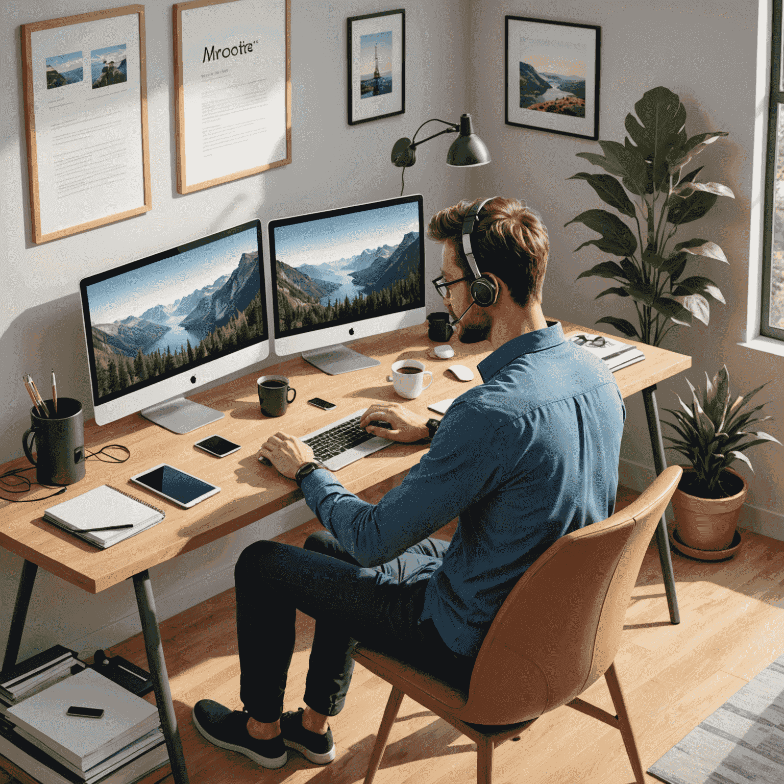 Illustration of a professional working remotely with various digital devices